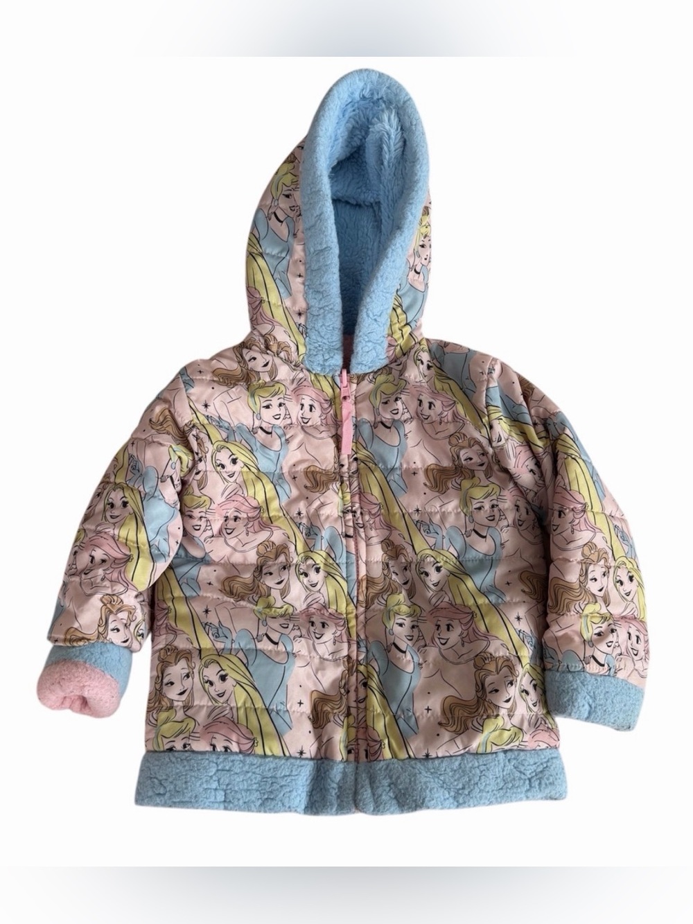 Disney Pink & Light Blue Princess Print Hooded Puffer Jacket